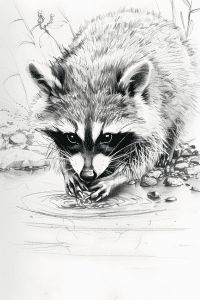 a drawing of a raccoon drinking water