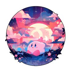 an image of a pink pig in the sky with stars and clouds around it,