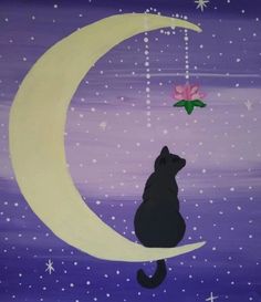 a painting of a cat sitting on the moon with a pink flower in its mouth