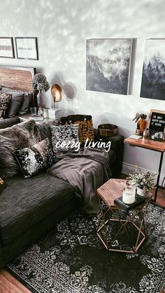 a living room filled with lots of furniture and pictures on the wall above it's headboard