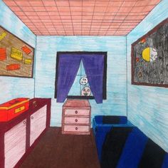 a drawing of a bedroom with blue walls