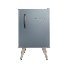 a blue refrigerator sitting on top of a wooden stand