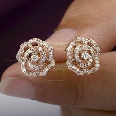 14K Solid Gold Natural Diamond Pave SI Clarity G-H Color Floral Stud Earrings Handmade Minimalist Fine Jewelry Gift. ≫ Features * Items Code: SGE00454-45010 * Diamond: 100% Genuine * Diamond Wt: 0.44 ct. * Diamond Color: G-H * Diamond Clarity: SI * Diamonds Cut: Brilliant Cut (Excellent Cut) * Metal: 14K Solid Gold (18K also available - Additional fees may apply) * More options in gold color: Rose gold, Yellow gold, White gold * Stud Size: 12 mm ≫ FAQ below for more detail. ✦ Sizing  We can adjust most items to fit your sizing preferences. Most items can be made to any size and length. Please leave a note at checkout or contact us via Etsy conversation.  Even after purchasing the item, you can still ask us to adjust the size or length. We will try our best to fix it if it is possible. ✦ Cu Rose Gold Pave Diamond Earrings In Sterling Silver, Luxury Dainty Rose Cut Diamond Earrings, 14k Gold Diamond Flower-shaped Earrings As Gift, Rose Gold Diamond Flower-shaped Earrings, Gold Flower-shaped Cubic Zirconia Cluster Earrings, White Gold Studs, Floral Studs, Fine Jewelry Gift, Small Earrings