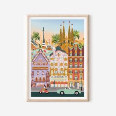 an art print with buildings and cars in the background