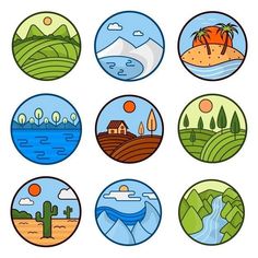 six round badges with different types of landscapes and trees in the middle one has an island,