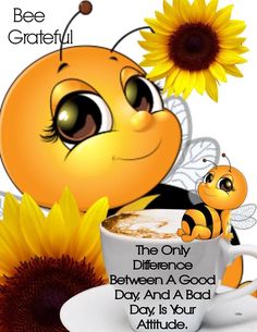 a coffee cup with a bee sitting on top of it next to a sunflower