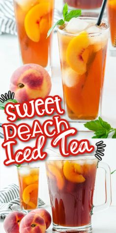 peach iced tea with fresh peaches and mint on the side in glass mugs