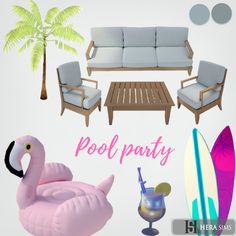 there is a pink flamingo sitting in front of the couches and surfboards