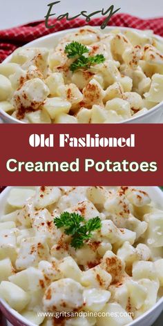 two bowls filled with creamed potatoes on top of a red and white checkered table cloth