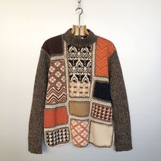 Beautiful vintage patchwork knitwear. Fall colours with beige, brown and orange. Houndstooth, stripes, check and geometric patterns. Boho style. MATERIALS & CONDITION Material is 65% acrylic / 25% wool Condition is : very very good vintage condition MEASUREMENTS Size is women M, loose fit (refer to measurements) Do not hesitate to DM if you have any questions ! Shoulder seam to shoulder seam : 48cm / 19in Armpit to armpit : 56cm / 22in Sleeve (shoulder seam to bottom) : 61cm / 24in Front length Multicolor Wool Sweater With Patchwork, Multicolor Wool Patchwork Sweater, Brown Patchwork Sweater For Fall, Retro Brown Sweater For Fall, Brown Argyle Pattern Long Sleeve Sweater, Brown Argyle Long Sleeve Sweater, Brown Long Sleeve Argyle Sweater, Retro Patchwork Winter Sweater, Retro Patchwork Sweater For Winter