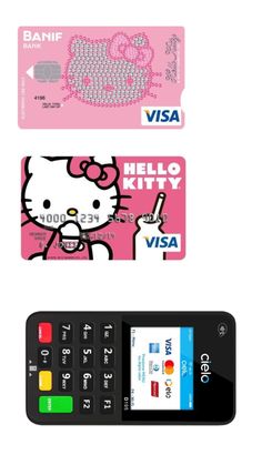 a hello kitty credit card next to a cell phone with a visa card on it