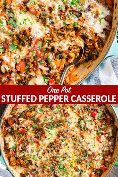 one pot stuffed pepper casserole is shown with the other side dish in it