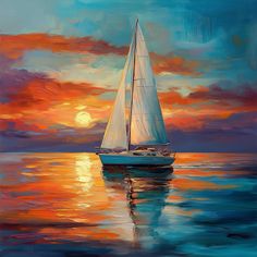 a painting of a sailboat in the ocean at sunset