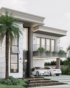 two cars are parked in front of a modern house with balconies and palm trees