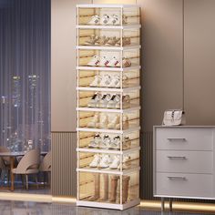 a tall display case filled with lots of white shoes