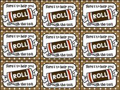 red and white polka dot printable candy bar wrappers with the words roll on them