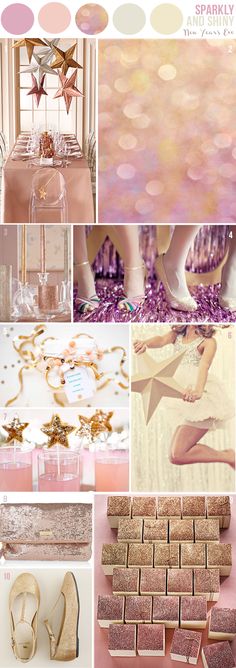 a pink and gold wedding theme is featured in this collage with champagnes, glitter shoes