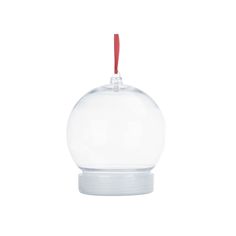 a glass ball ornament with a red cord hanging from it's side