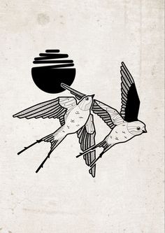 a black and white drawing of two birds flying next to each other with a bowl in the background