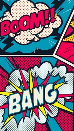 comic book covers with the words boom and bang written in bold colors, pop art