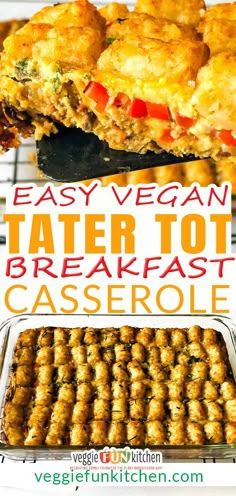 easy vegan tater tot breakfast casserole recipe with text overlay