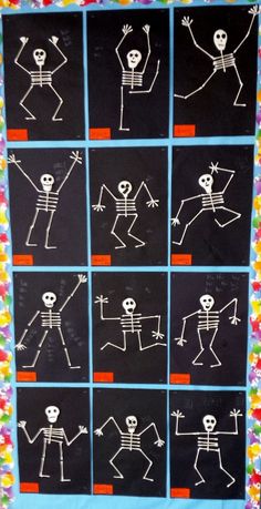 a bulletin board with pictures of skeletons on it