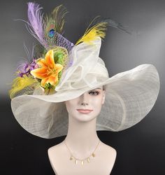 "4. For this style, base hat in white, black, ivory, hot pink, orange and navy blue colors available, almost 50 colors feathers also available, if you want to change the colors, please feel free to contact me. . Fabrication 100% sinamay  with Feather Flowers.  Style# bucket Head girth is 22\"-23.22\", adjustable string inside can give you the best fitd girth is 22\"-23.22\", adjustable string inside can give you the best fit Whole Hat size, from right to left, around 20\", wide brim If you need another color feathers to match your dress, please let me know. 💃1. All hats will be sent from Rockville, MD, 20850, using FedEx Ground (1- 5 business days if the shipping box circumference is above 263 inches, length + width+ height) or USPS priority shipping service (1-3 Business Days the shippin Royal Ascot Hats, Pheasant Feather, Fuchsia Flower, Ascot Hats