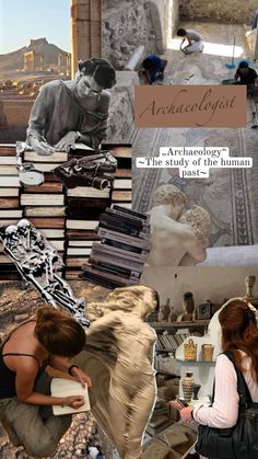 the collage shows people working on books and other things that are in front of them