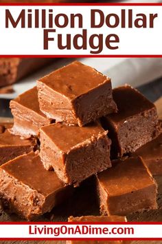 a stack of fudge brownies on top of a cutting board with text overlay