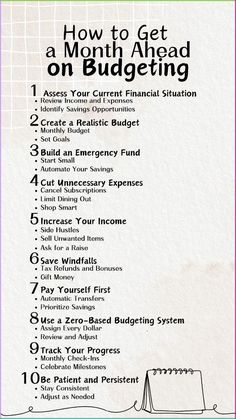 a white paper with the words how to get a month ahead on budgeting in it