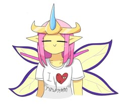 a girl with pink hair wearing a white t - shirt and purple wings on her head