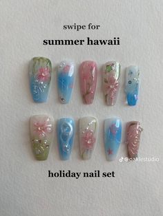 Marble Nails Summer, Hawaii Nails, Fashion Flowers, Aesthetic Nails, Soft Nails, Nail Jewelry