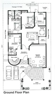 the ground plan for a house with three bedroom and an attached kitchen area, which is also