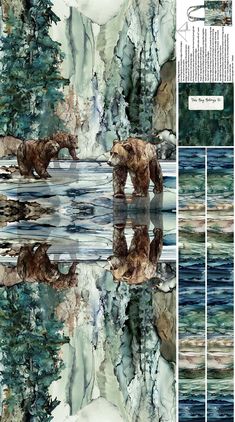 an image of a bear in the water with trees and rocks on it's sides