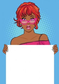 a woman with red hair and pink glasses holding a white sign in front of her face