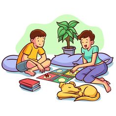 a boy and girl playing board games with a dog on the floor next to them