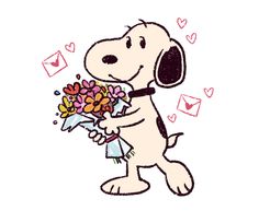 a cartoon dog holding a bouquet of flowers