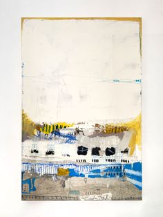 an abstract painting with blue, yellow and white colors on the bottom half of it