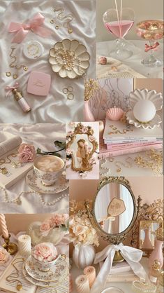 a collage of pink and gold wedding decorations