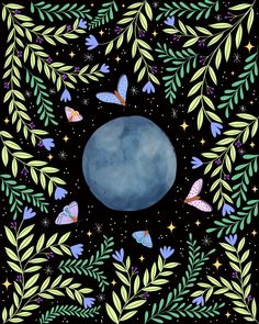 an artistic painting with butterflies and leaves around the blue moon on a black background, surrounded by stars