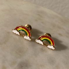 Earrings Any Questions Please Let Me Know Rainbow Wire Earrings, Rainbow Enamel Earrings, Polymer Rainbow Earrings, Funky Earring Studs, Cute Rainbow Earrings, Rainbow Earrings For Kids, Stud Earrings Quirky, Acexual Earrings, Geometric Rainbow Earrings