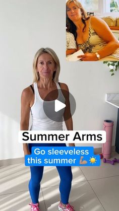 a woman standing in front of a tv screen with the words summer arms go sleeveless this summer