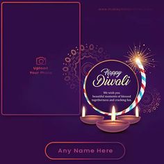 happy diwali greeting card with two lit candles and an empty photo frame on purple background