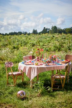 a table set for two in the middle of a field