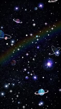 an image of planets and stars in the night sky with a rainbow painted on it