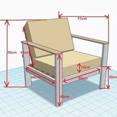 a chair with measurements for the seat and armrests to be made out of wood