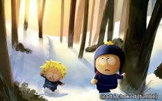 two cartoon characters are walking through the snow