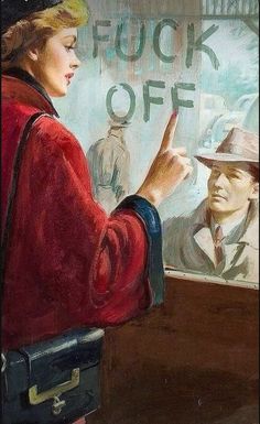 a painting of a woman looking at a man's face through a window with the words look off written on it