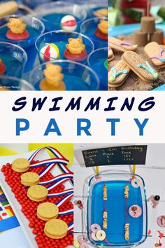 there is a collage of pictures with the words swimming party on it and other things