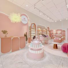 the interior of a store with pink walls and white floors, decorated in pastel colors